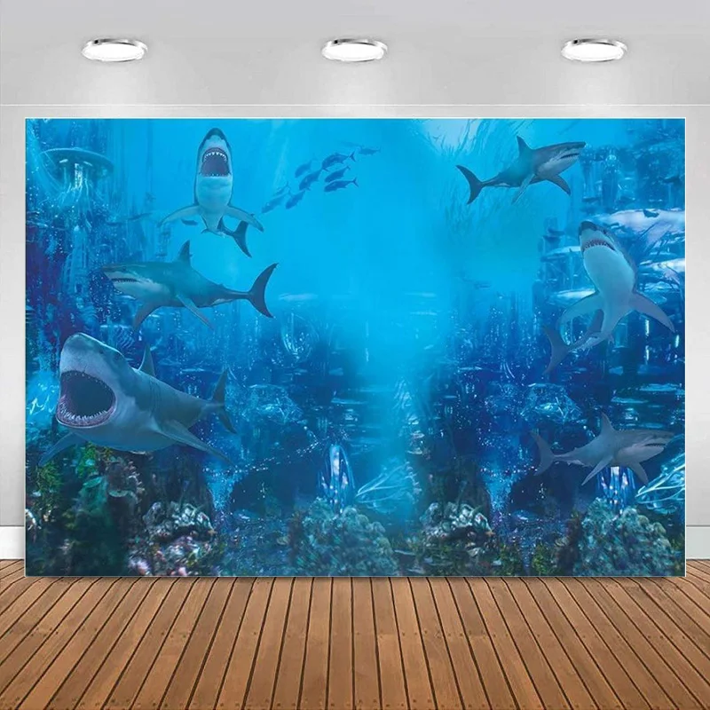 Shark Underwater World Sea Kids Boys Photography Backdrop for Birthday Party Banner Decoration Aquarium Ocean Background Photo