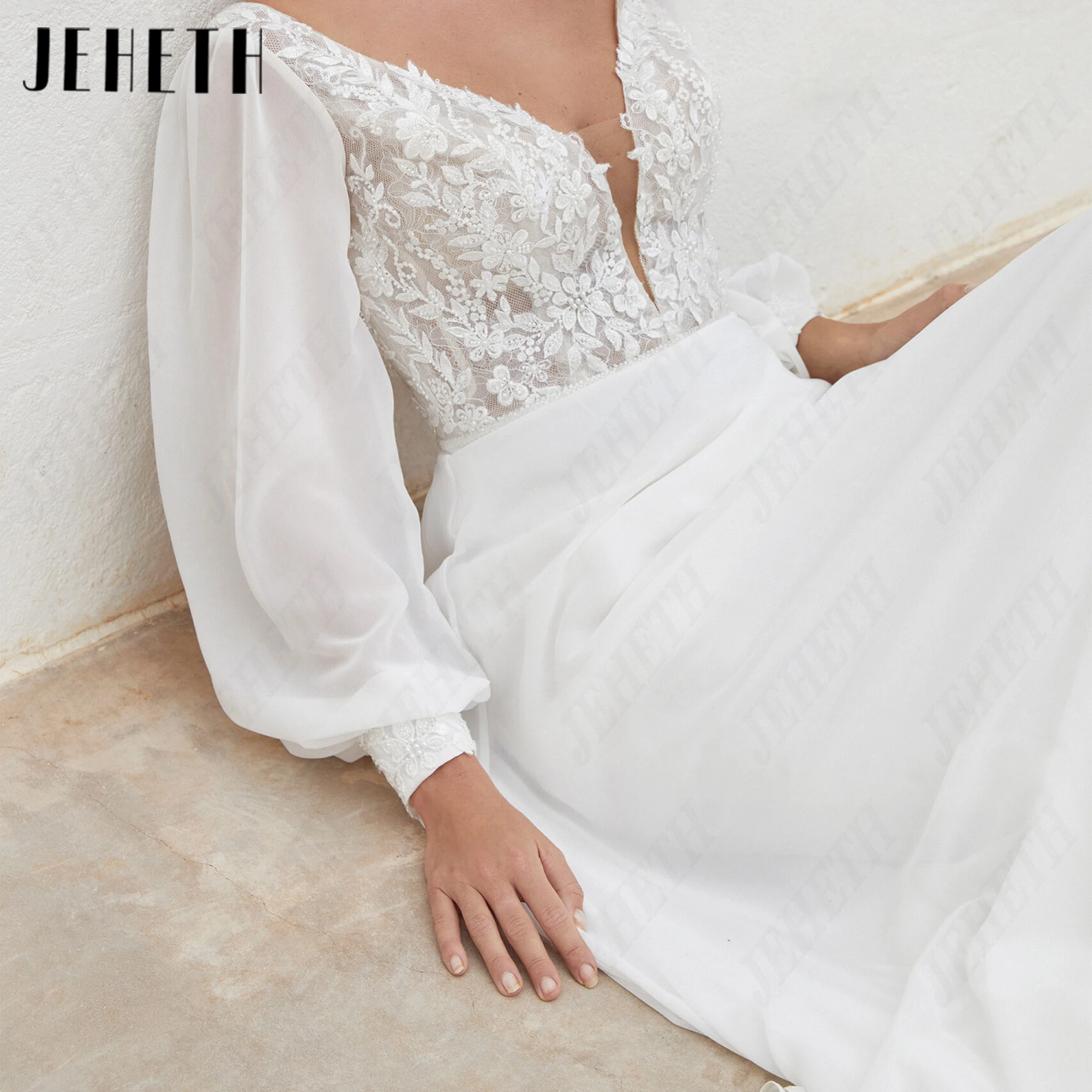 JEHETH A‑line Deep V Back Wedding Gown Puffy Long Sleeves Lace Applique Personalized Bridal Dress Chiffon Elegant Bride Dresses