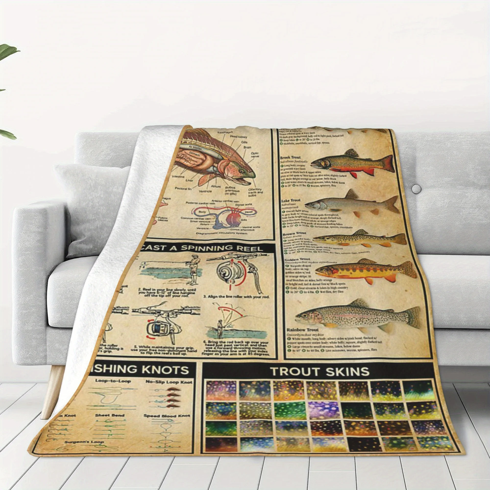 Retro Trout Knowledge Themed Flannel Blanket Unique Fishing Patterns Digital Printing All Season Comfort