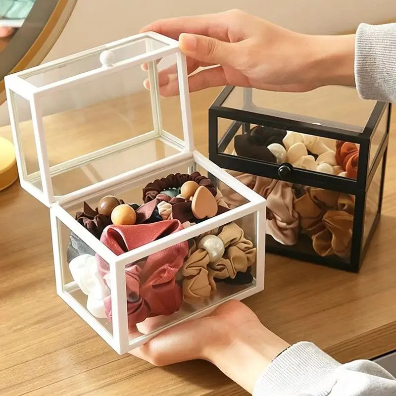 Hair Scrunchie Tie Storage Box Clear Glass Flip Top Dustproof Desktop Hair Accessory Organizer For Home Vanity Black White