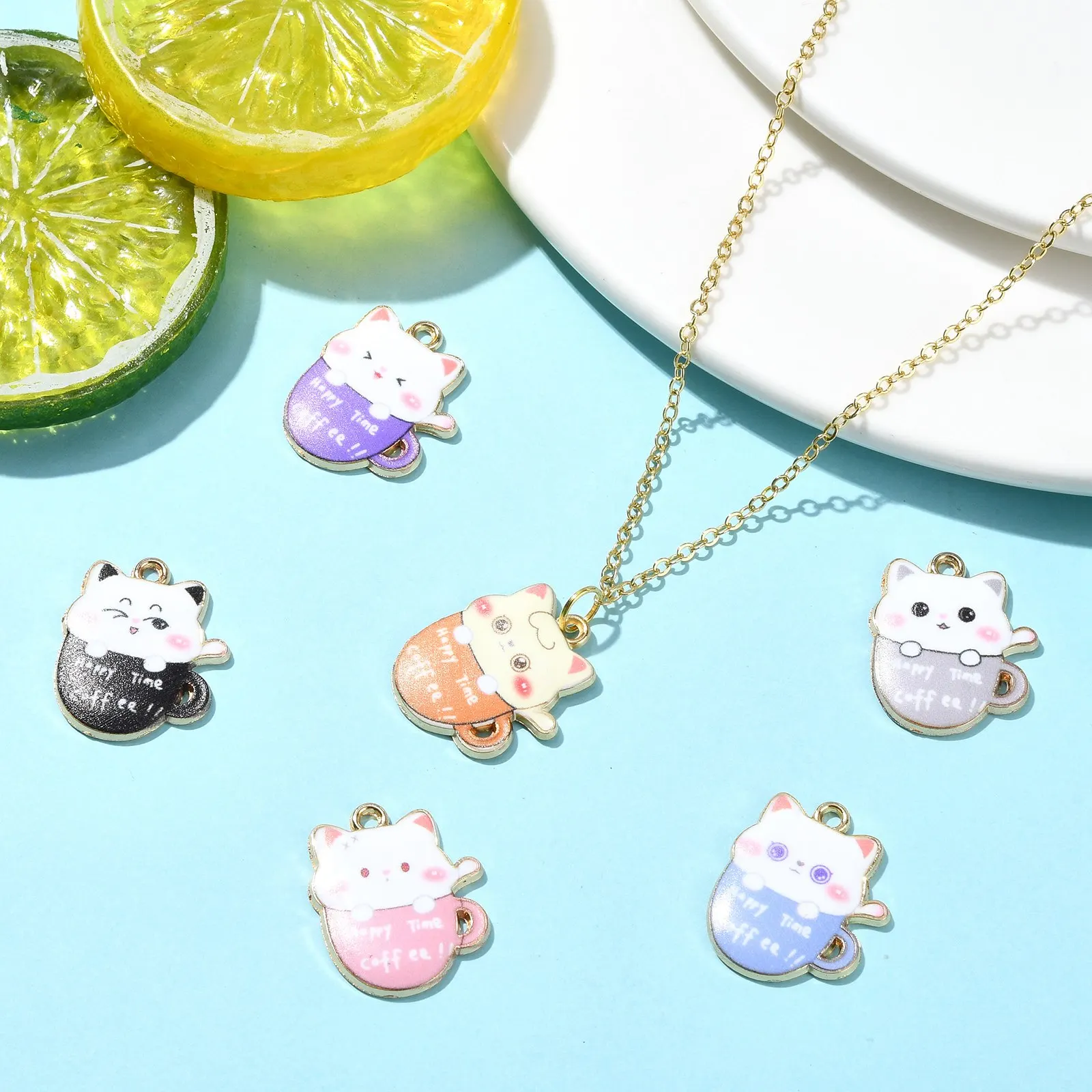 30Pcs 6 Colors Cat with Coffee Cup Enamel Charms Cute Animal Tea Cup Charms for Jewelry Making