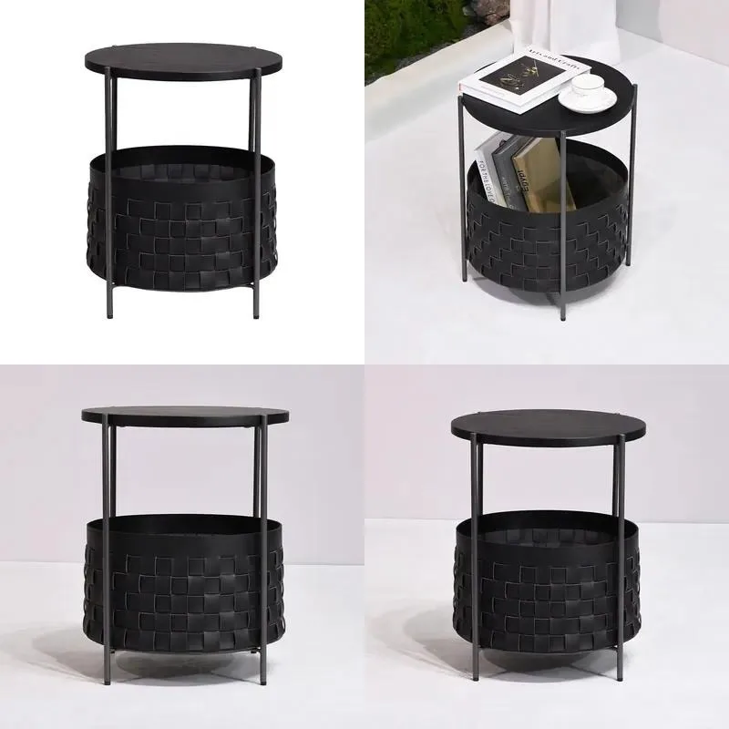 Scandinavian side table with leather woven storage basket, black wood top, 2-tier side table, metal frame, living room