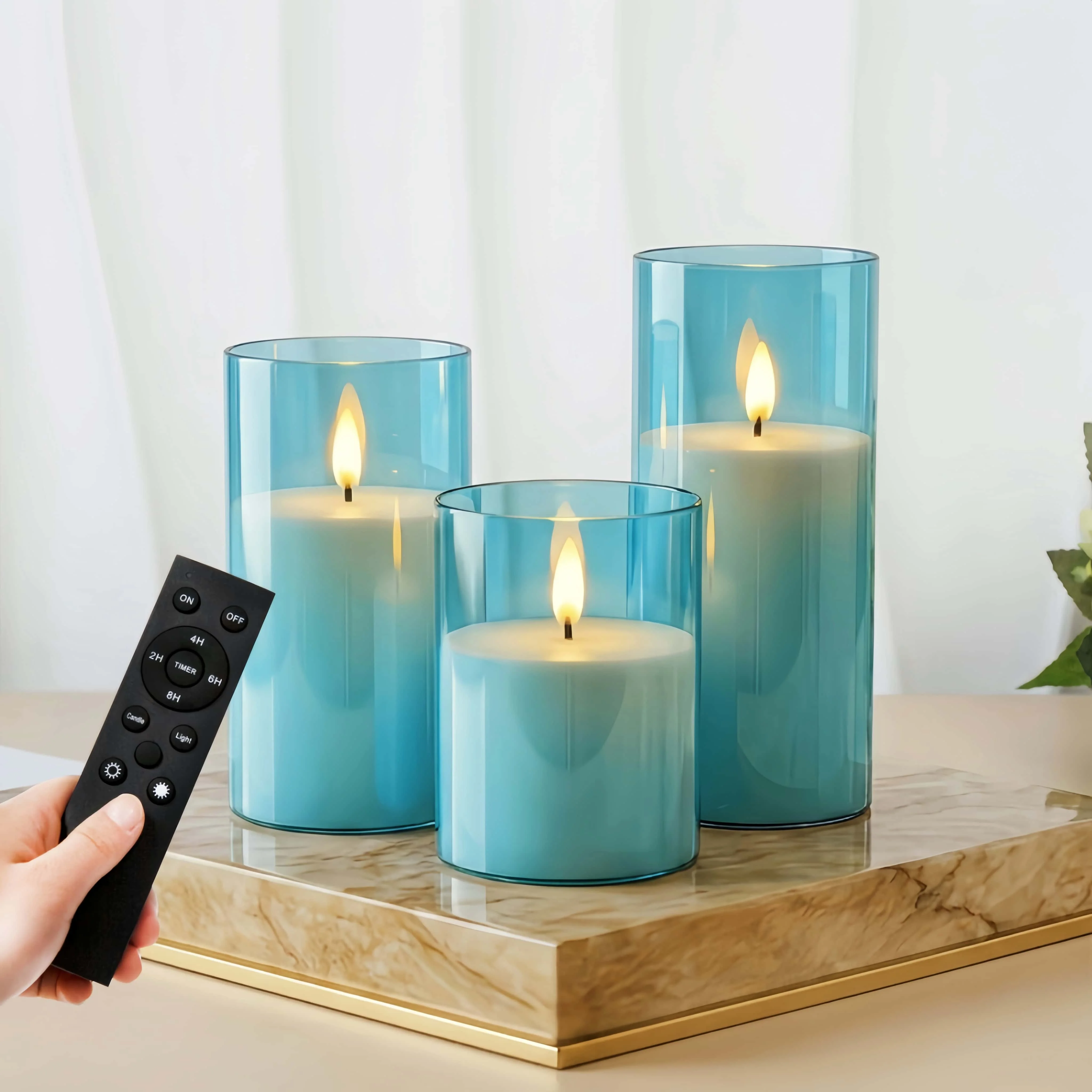 Ensemble de 3 bougies électroniques LED bleu clair – Télécommandées avec fonction minuterie ; Style élégant et frais ; Idéal pour la décoration intérieure (sur table, entrée, chambre)