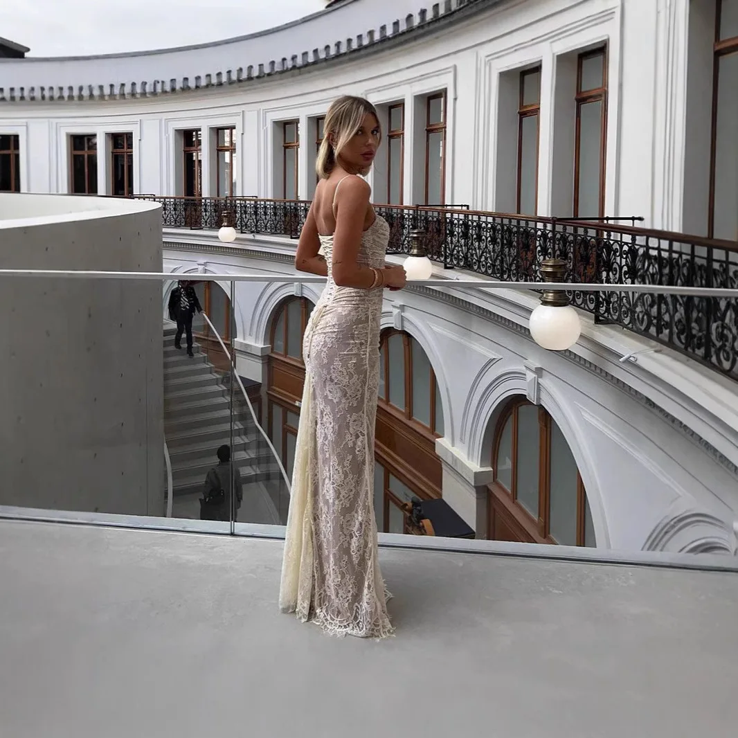 Vestido maxi de renda branca sexy, decote quadrado, vestido de noite fino, outono, design elegante, roupas femininas vintage, vestido de verão