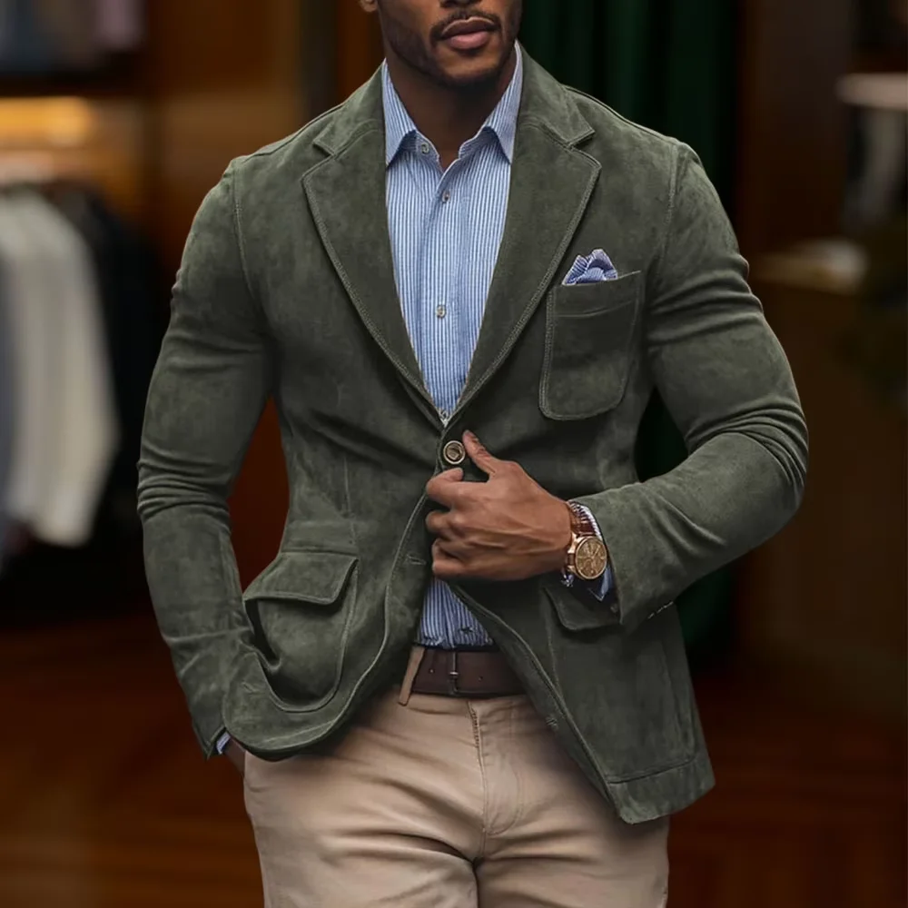 Men's Suede Brown Blazer Vintage Slim Fit Notched Lapel Formal Jacket High Quality Flap Pocket Sport Coat For Business Casual 16