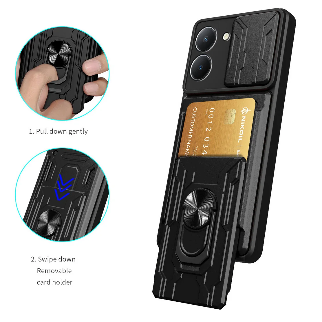 Card slot Camera protect case for VIVO Y36 Y02 Y55 Y77 Y76S Y16 Y35 Y76 Y75 Y33S Y21 Y20 Y31 Y51 V23 V21 Armor Hybrid Ring Cover