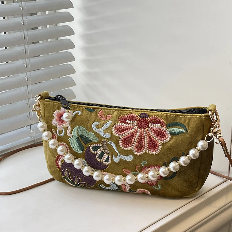Chinesische Umhängetasche mit Blumenstickerei, Damen-Schultertasche, Handtasche mit Perlenhenkel, Vintage-Geldbörse im ethnischen Hanfu-Stil – Detail 20