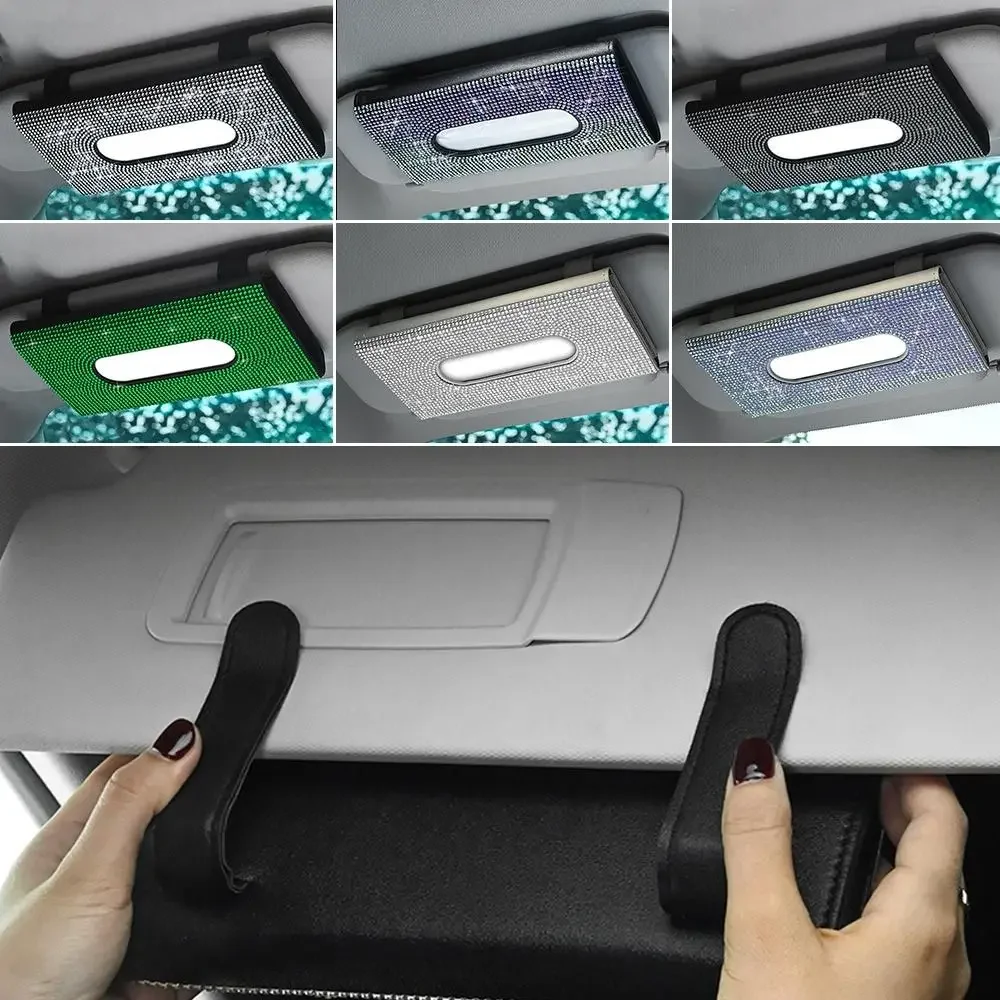 Diamond-encrusted Universal Type PU Leather Rear Seat Shiny Tissue Box Car Sun Visor Paper Box Holder Paper Towel Box Holder