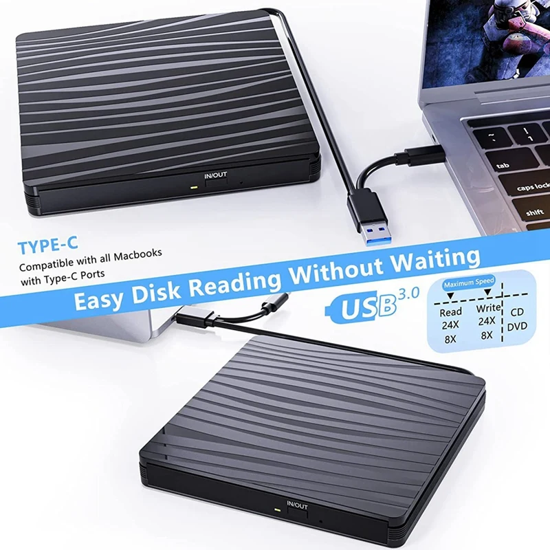 External CD/DVD Drive For Laptop, USB 3.0 & Type-C Portable CD DVD +/-RW Burner Optical Drive Reader Writer DVD Player Durable