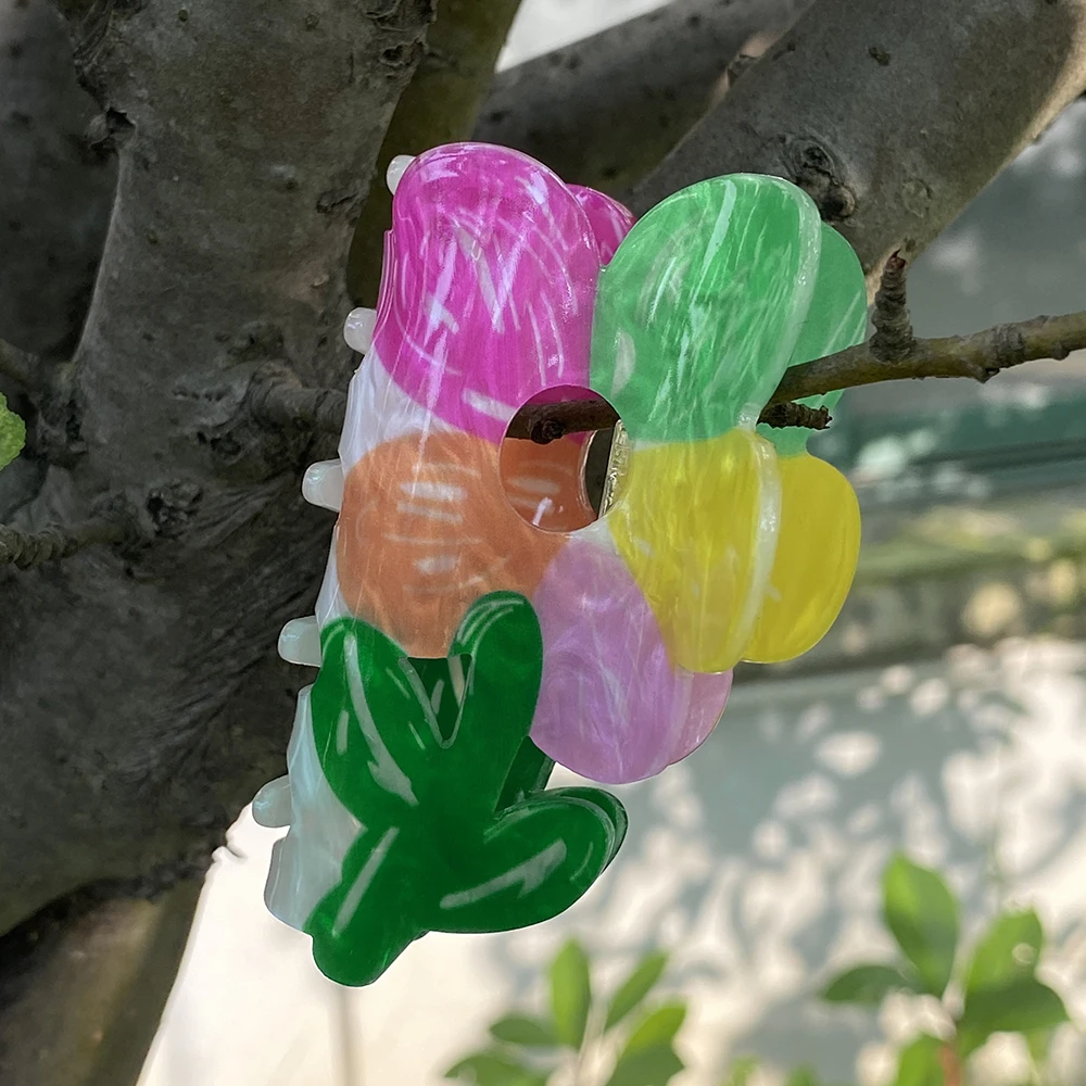 Pinza para el pelo de cangrejo acrílico con estampado de pájaro y flor de conejo colorido, accesorio para el cabello con cola de caballo a la moda para mujeres y niñas