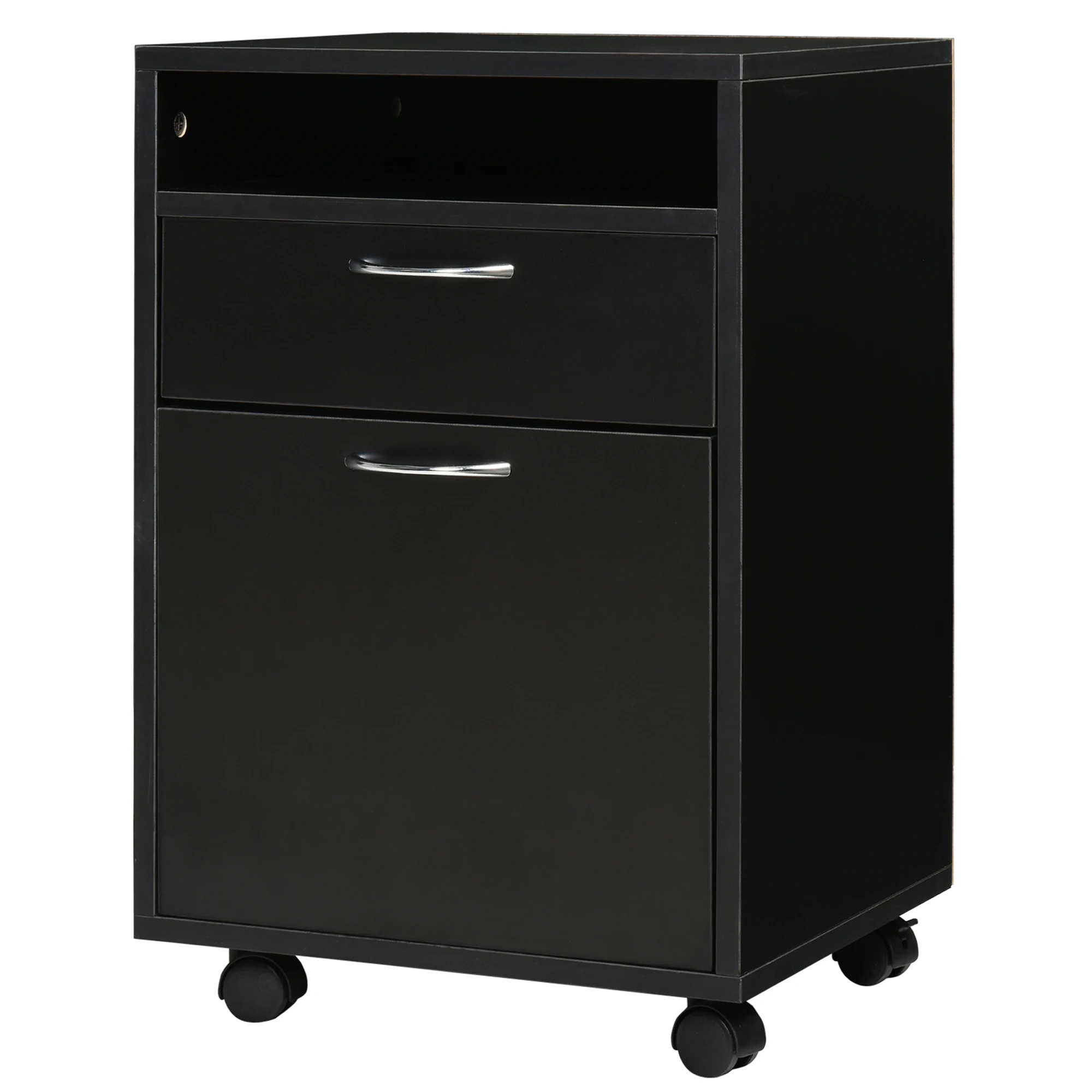 

60cm Filing Cabinet with Drawer, Open Shelf, Metal Handles and 4 Wheels, Office Home Organiser Mobile Printer, Black