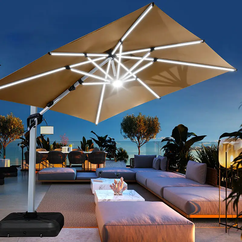 Custom Outdoor Aluminum Patio Garden Umbrellas Cantilever Square 3m Solar LED Courtyard Parasols Large Roman Umbrella
