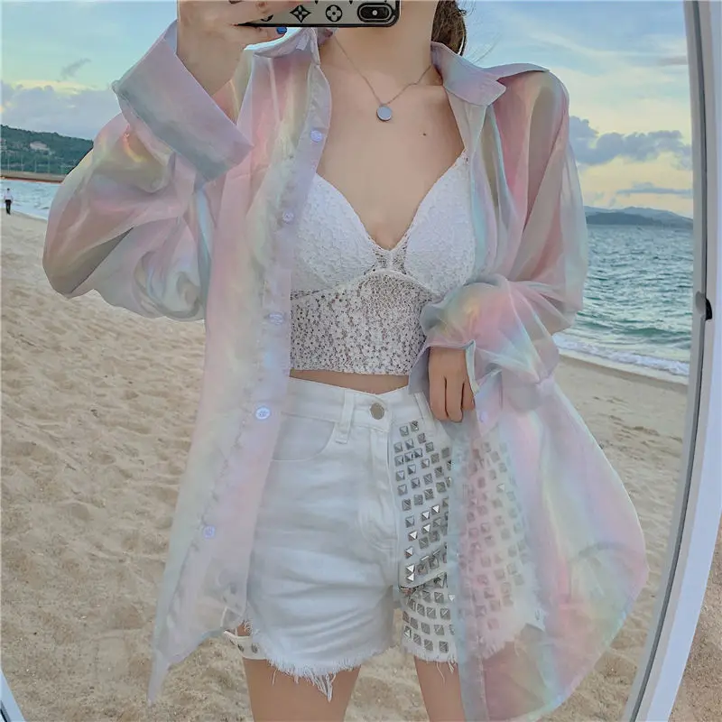 Shirts Women Casual Sexy Ladies Clothes Summer Hot Sale Sun-proof Sheer Fashion All-match Simple Elegant Loose Popular Korean