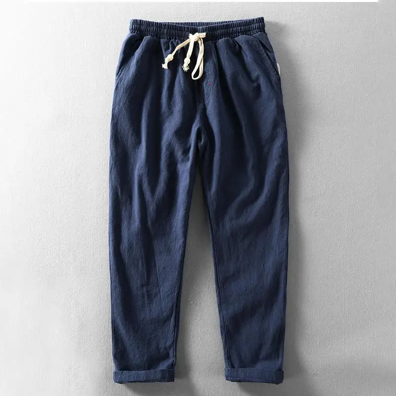 Men's Casual Cotton Linen Straight Leg Nine-Foot Pants Loose Fit Summer Washed plus Size Simple Long Trousers
