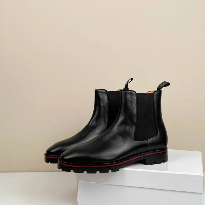 Boots with red soles, elevated Chelsea boots, top layer cowhide, British style, Martin boots, plus size, fashionable trend