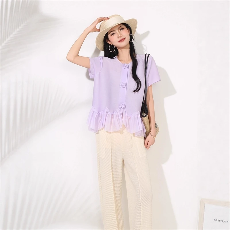 

Miyake Solid Colour Round Neck Cardigan Women's T-shirt 2025 Summer New Fashion Upscale Design Elastic Short-sleeved Tops