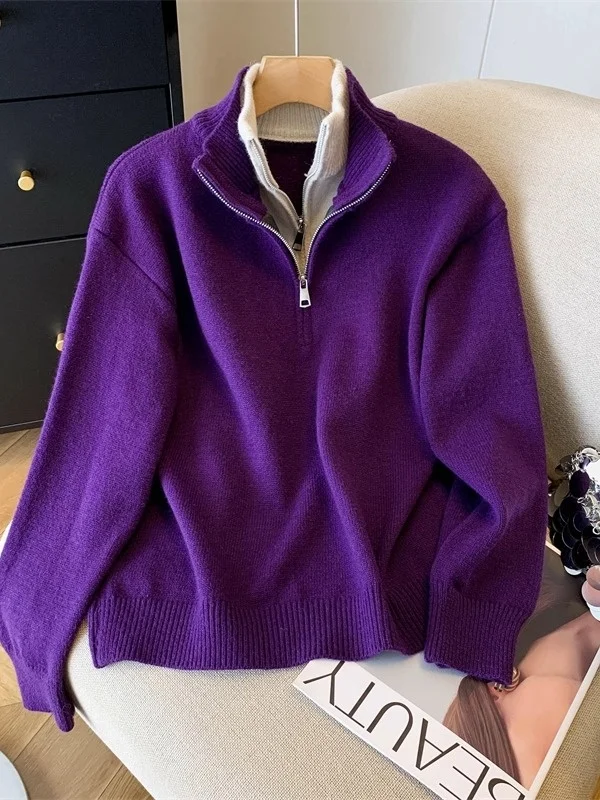 

Ladies' Oversized Thiened Knitted Sweater f Zip Hoodie Autumn Winter Cotton Blend Warm Cozy Fake Two-Piece Top