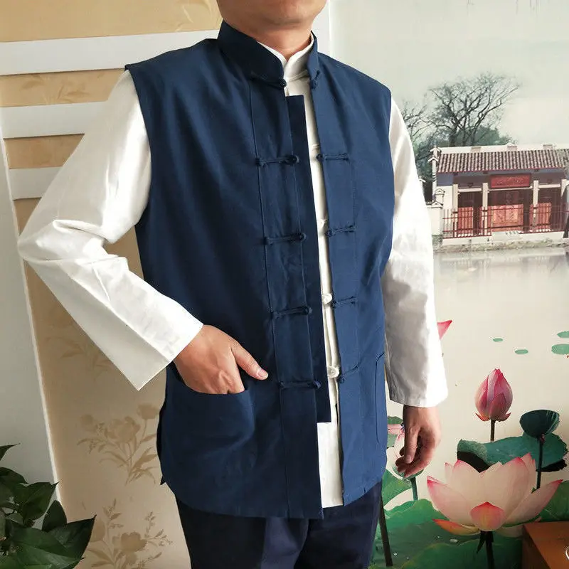 

Pure Cotton Chinese Sle Jaet Men's Svel Stand Collar Vest Outerwear Spring Autumn Traditional Tang Suit Outer Layer