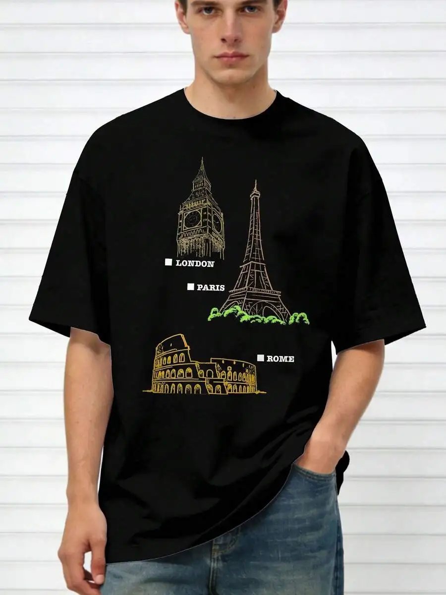 

Plue Size Men's London Paris Rome Travel Gift Graphic T-Shirt, Loose Fit Casual Short Sleeve Tee
