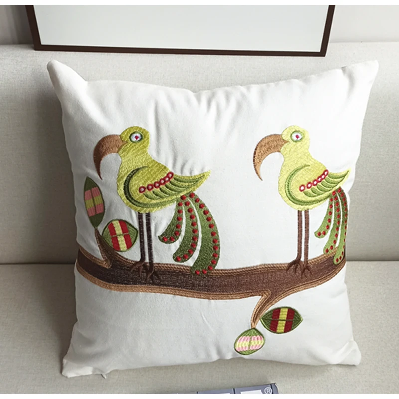 Medicci Home Tribe Ethnic Style Cushion Cover Tropical Bird Toucan Embroidery Natural Cotton Linen Square Pillow Cases 45x45cm