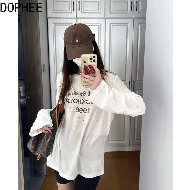 Lazy Wind Oversize Long Sleeve T-shirt Hot Diamonds 1996 Letters Printed Cotton-linen Tees Round Neck Fashionable Couple's Top