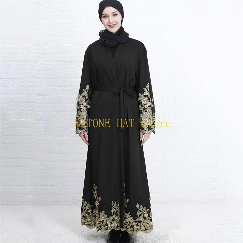 49MF Women Muslim Long Sleeve Maxi Dress Abaya Robe Embroidery Floral Dubai Kaftan