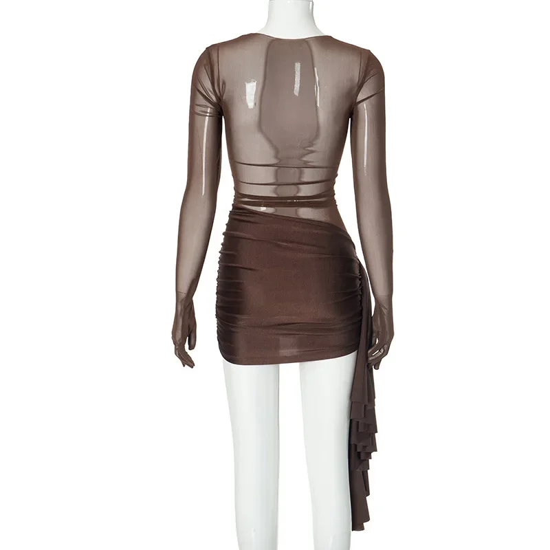 Mini robe transparente en maille pour femmes, tenue irrégulière pour les vacances à la plage, Streetwear Y2K, manches longues, moulante, nouvelle collection été