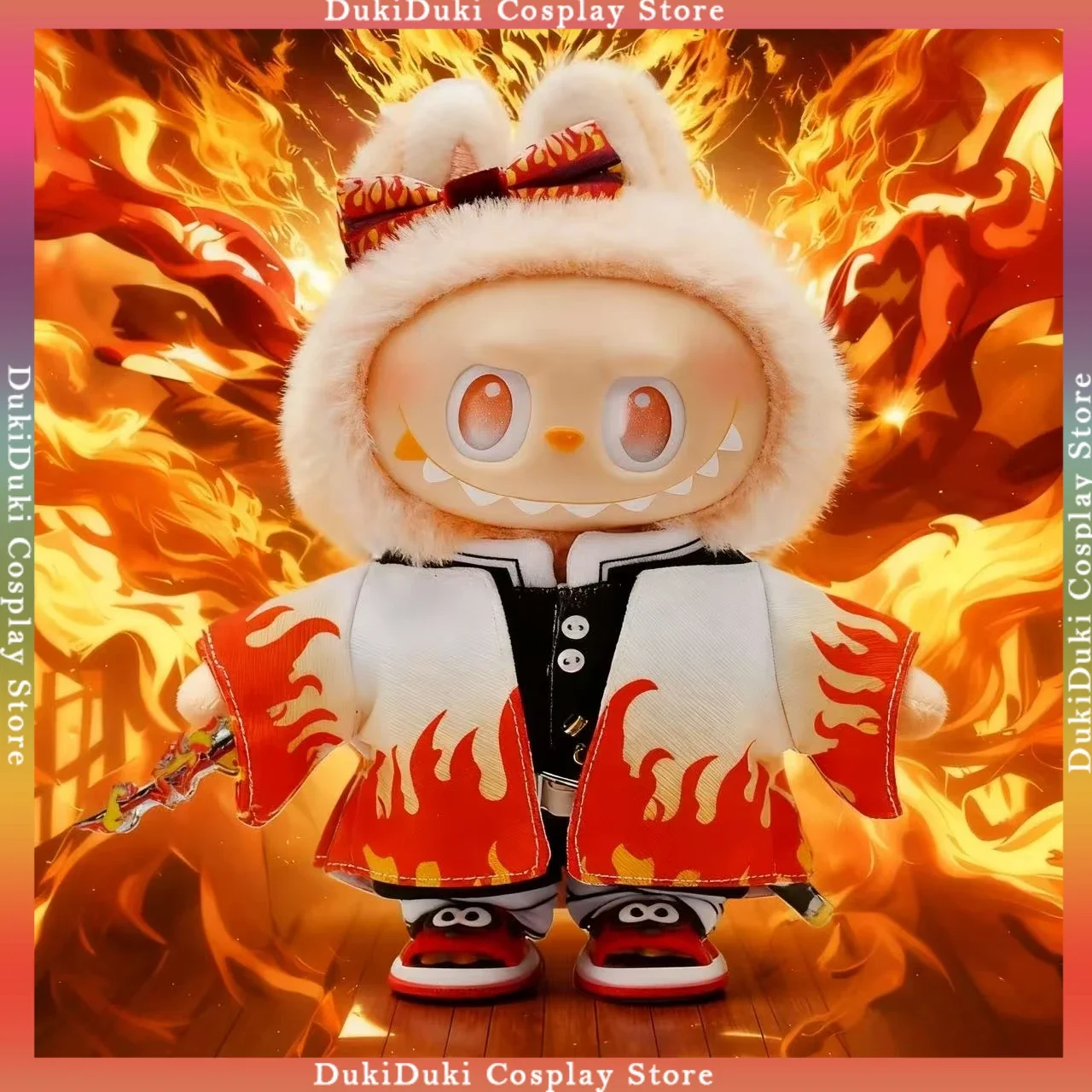 

Одежда Demon Slayer для Labubu, наряд Kyojuro Rengoku, вдохновленный красным пламенем, капюшон с кроликом, модная одежда для коллекционных фанатов, реквизит