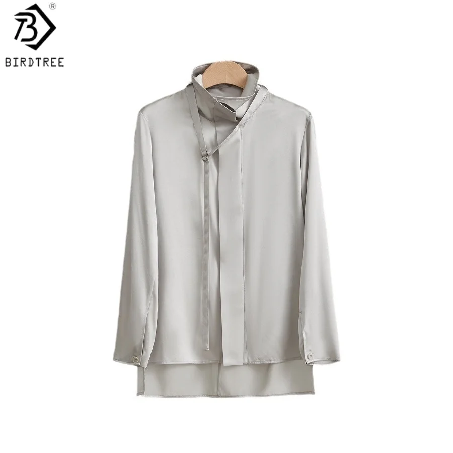 

Birdtree, 90% Silk 10% Spandex Blouse, Women's Solid Ribbon Tops, French Style, Single Breasted Shirt, 2026 Spring New T62226JF