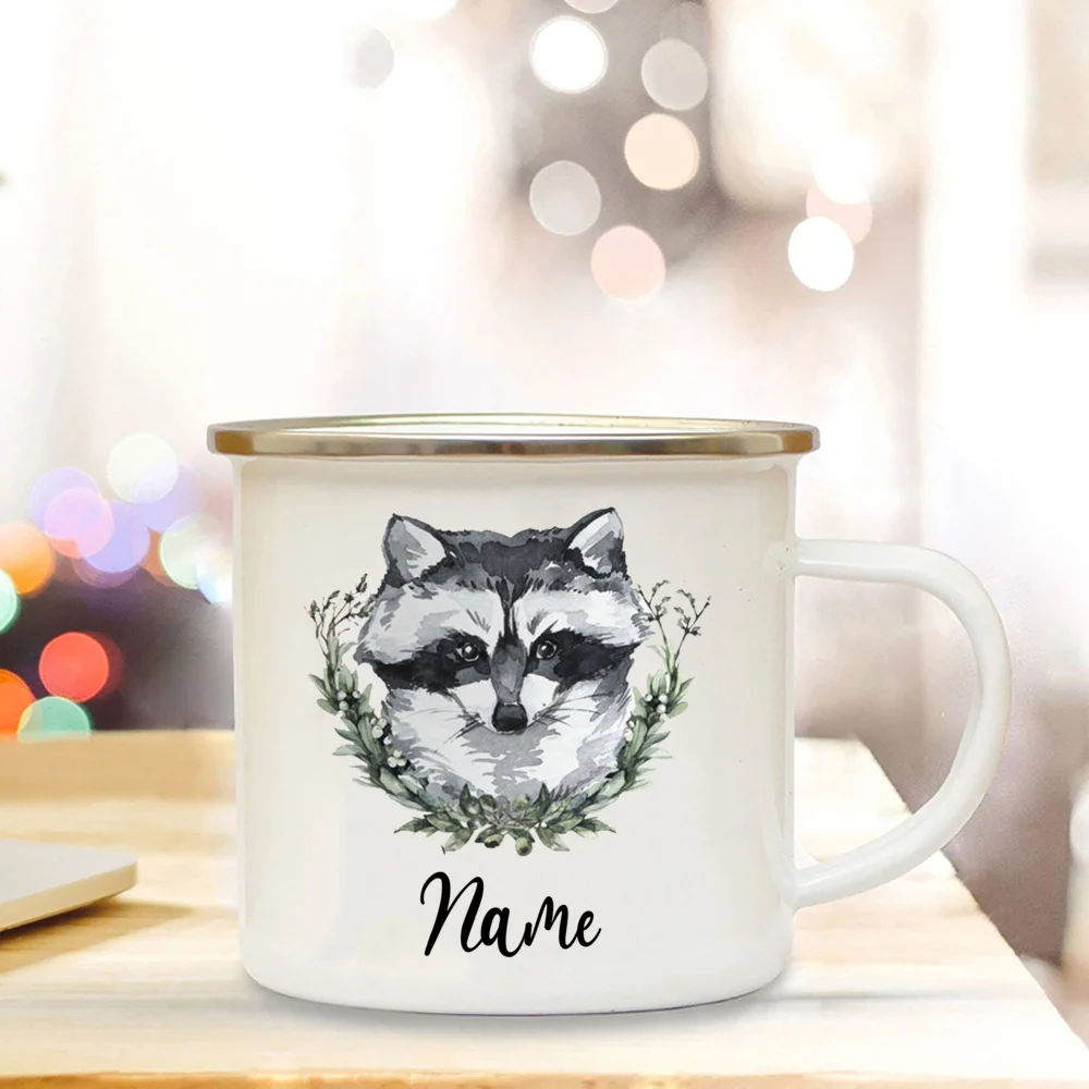 Personalised Name Animal Print Coffee Cup for Women Gift Custom Camping Mug Cute Deer Lion with Name Enamel Gifts for Kid