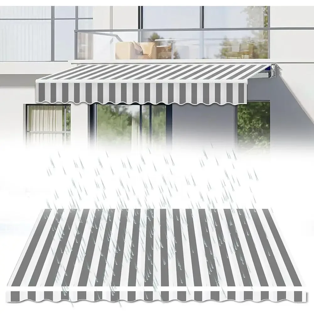 Customizable Retractable Awning Shade Fabric, Waterproof UV-Protected for Courtyard and Balcony, Gray White Stripes, 12x8 ft