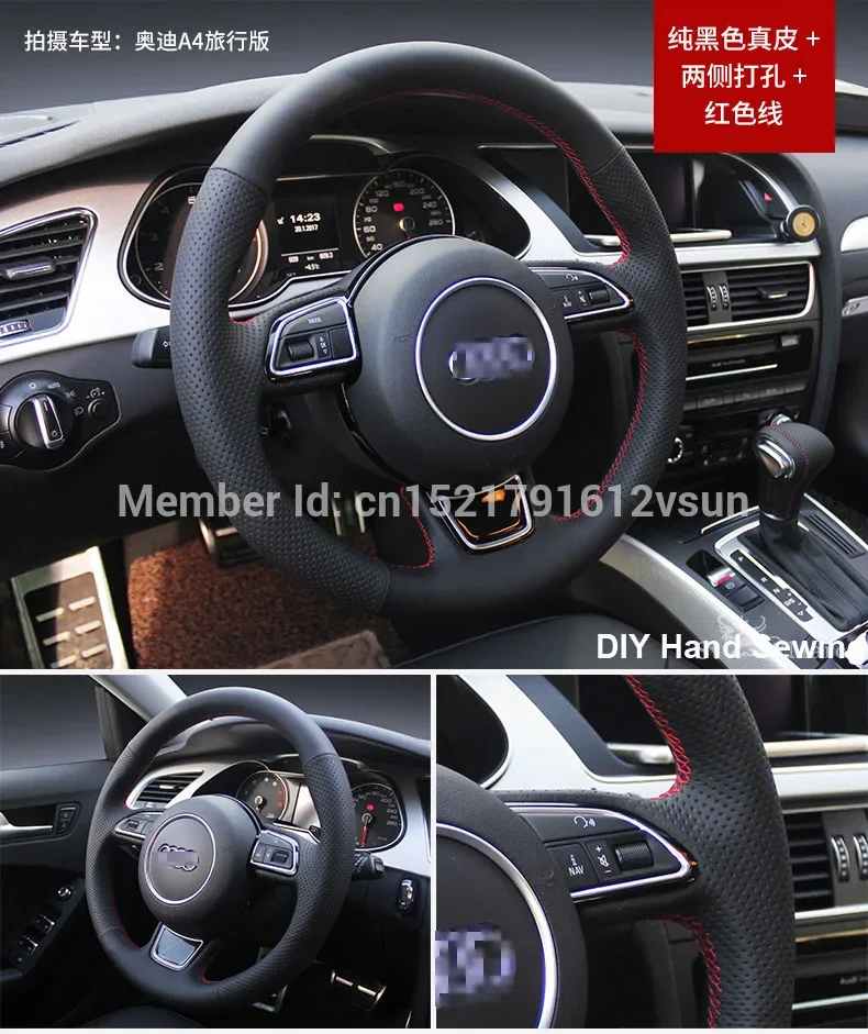 For Audi A4 High Quality Hand-stitched Anti-Slip Black Leather Red Thread DIY Steering Wheel Cover