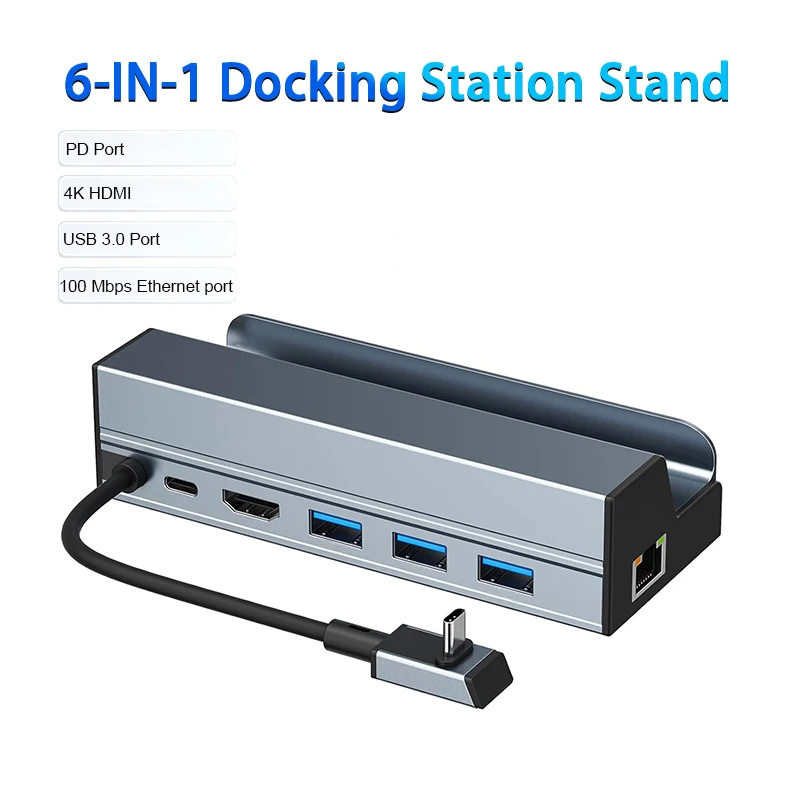 Steam Deck Docking Station 6-in-1 Hub, 4K HDMI, RJ45 LAN Port, USB 3.0 Expansion Dock, Stand, Gaming Console Base