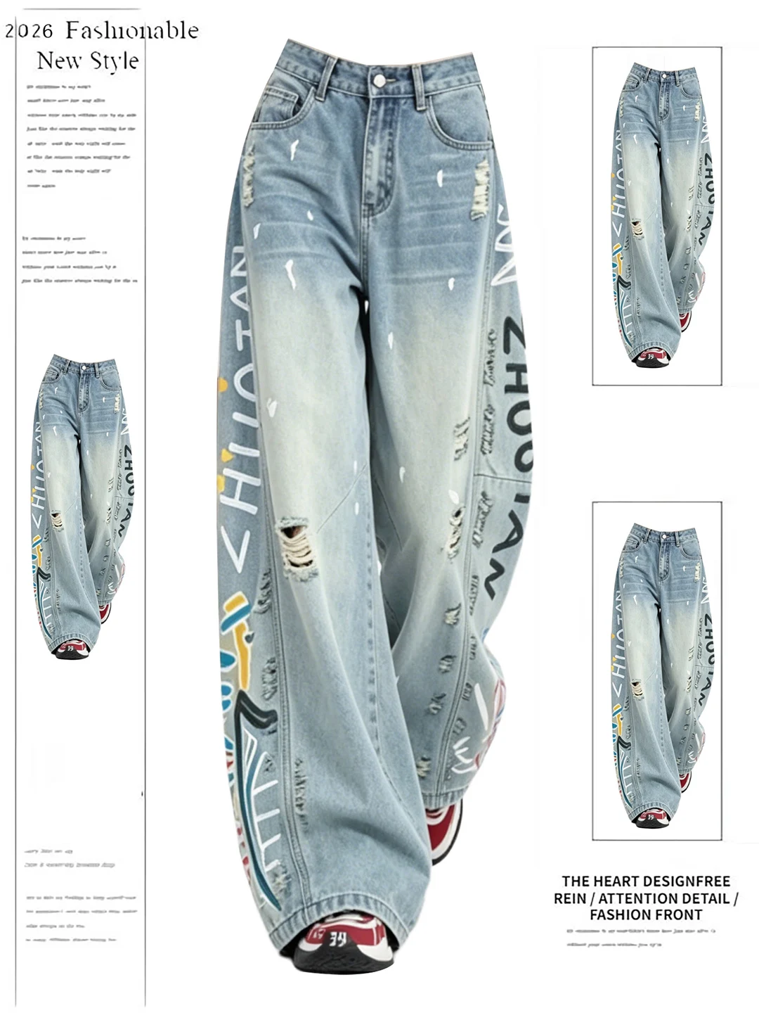 

Retro American Graffiti Print Loose Fit Women's Jeans Summer New Style Fashionable Versatile Long Trousers High Waist Wide Leg