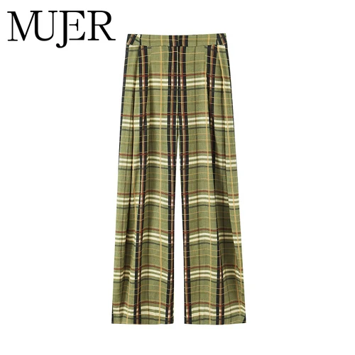 MUJER pantalones de pierna ancha a cuadros para mujer, pantalones sueltos de cintura media, ropa de calle para mujer, pantalones casuales para mujer, pantalones Vintage de vacaciones para mujer