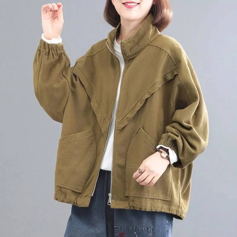 2024 Female New Long Sleeved Tops Coat Spring And Autumn Ladies Solid Color Jacket Korean Women Loose Fitting Long Sleeved Coat