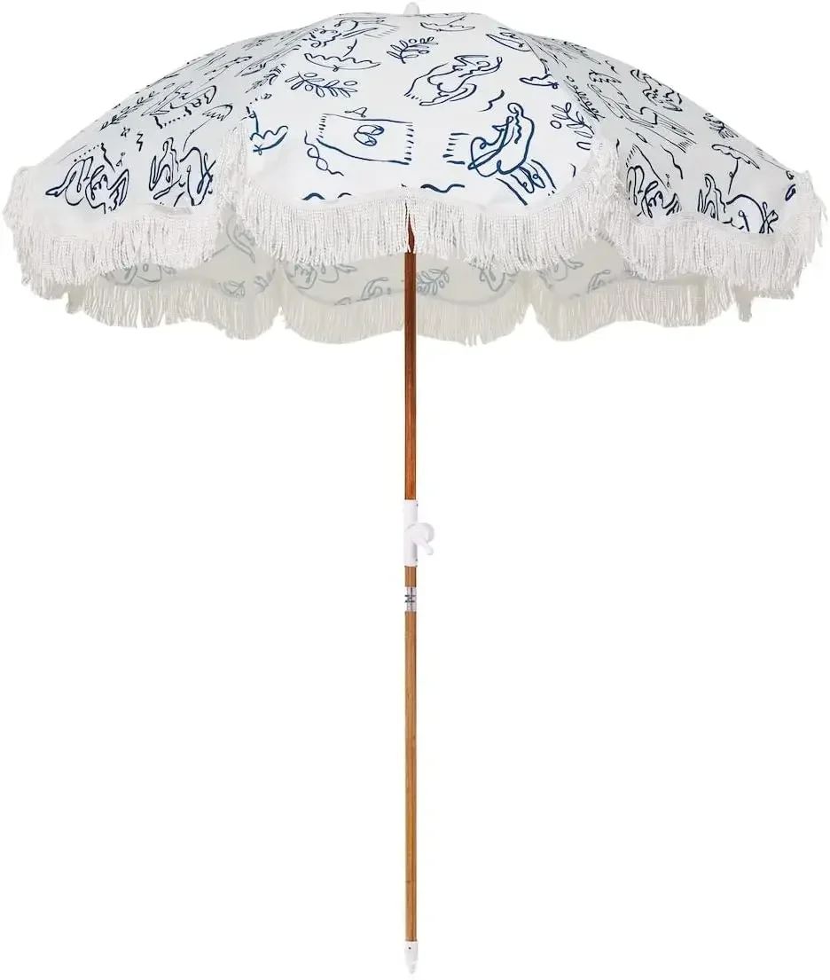 

Пляжный зонт Holiday Umbrella в стиле бохо с белой бахромой, защита от УФ-излучения UPF 50+, деревянная стойка с регулировкой наклона 1 дюйм, 5' x 6.5', цвет Le Basque Navy