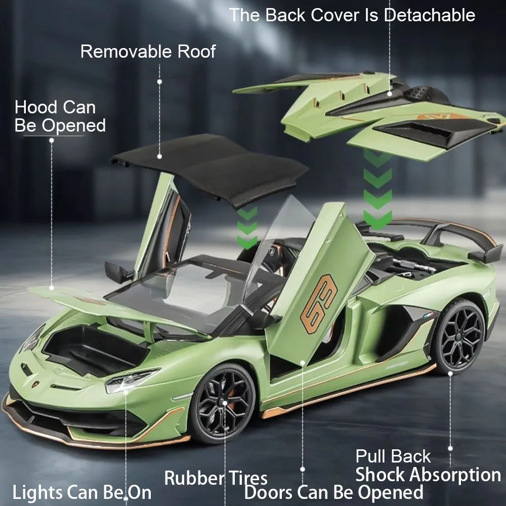 1:18 LP770 Aventador SVJ Sportwagen Model Speelgoed Legering Diecast Miniatuur Supercar Geluid Licht Deuren Geopend Trek voor Kid Geschenken