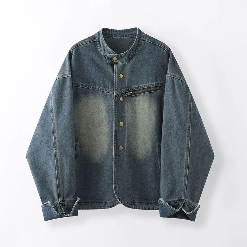 

Винтажная потертая джинсовая куртка, женская Harajuku, индивидуальное свободное короткое пальто без воротника для женщин, осенняя джинсовая верхняя одежда с длинными рукавами