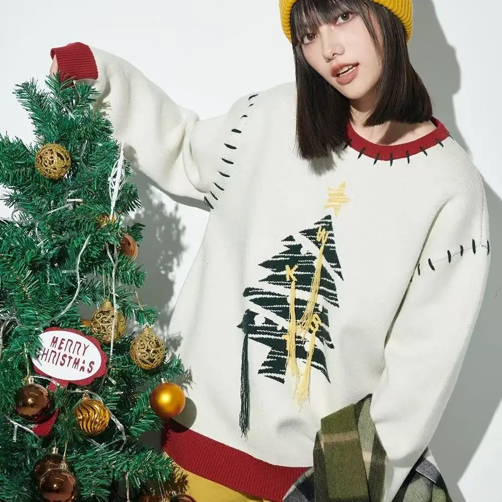 Korean Knitted Christmas Sweater Women Jumper Tree Color Contrast Tassel Sweater Autumn Winter Jacquard Knitted Pullover Top