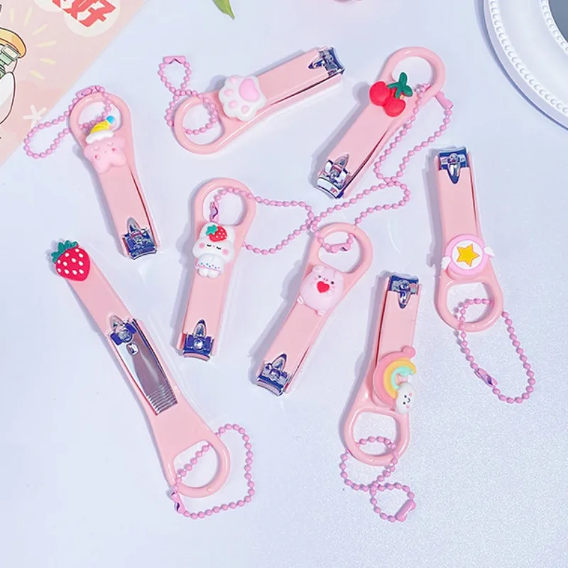 Girls Heart Pink Nail Clippers with Bead Chain Cartoon Bear Rabbit Nail Trimmer Cutter for Home Baby Kids Care Manicure Tools