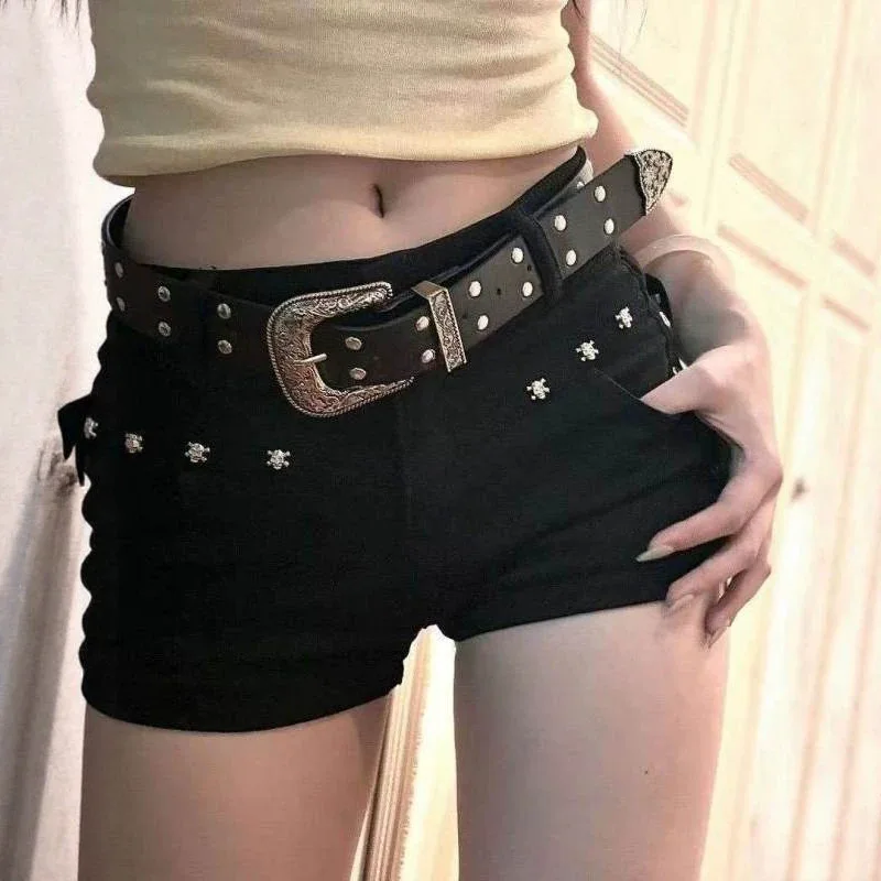 Black Low Rise Denim Shorts Women Summer Y2K Hot Pants Stretchy Hip Hugger Short