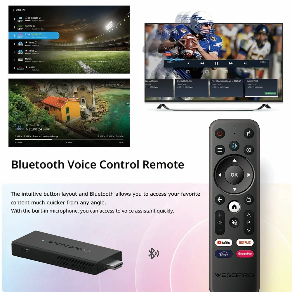 WESOPRO TV Stick G2 Android 10 Smart TV Dongle 2GB RAM 16GB ROM 2.4GHz 5.0GHz Wifi 6 BT5.0 H.265 4K 30pfs VS Xiaomi Mi TV Stick