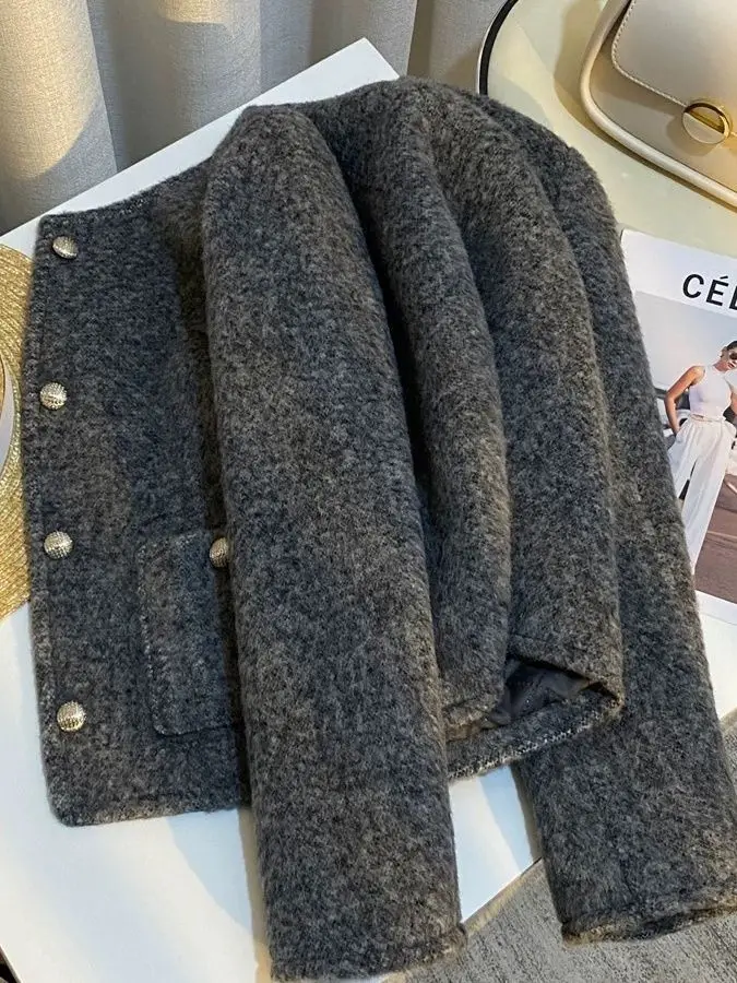 Elegant Grey Cotton Blend Short Jacket Women's Fashionable Versatile Winter Outerwear  Brand Standard Fit Warmth