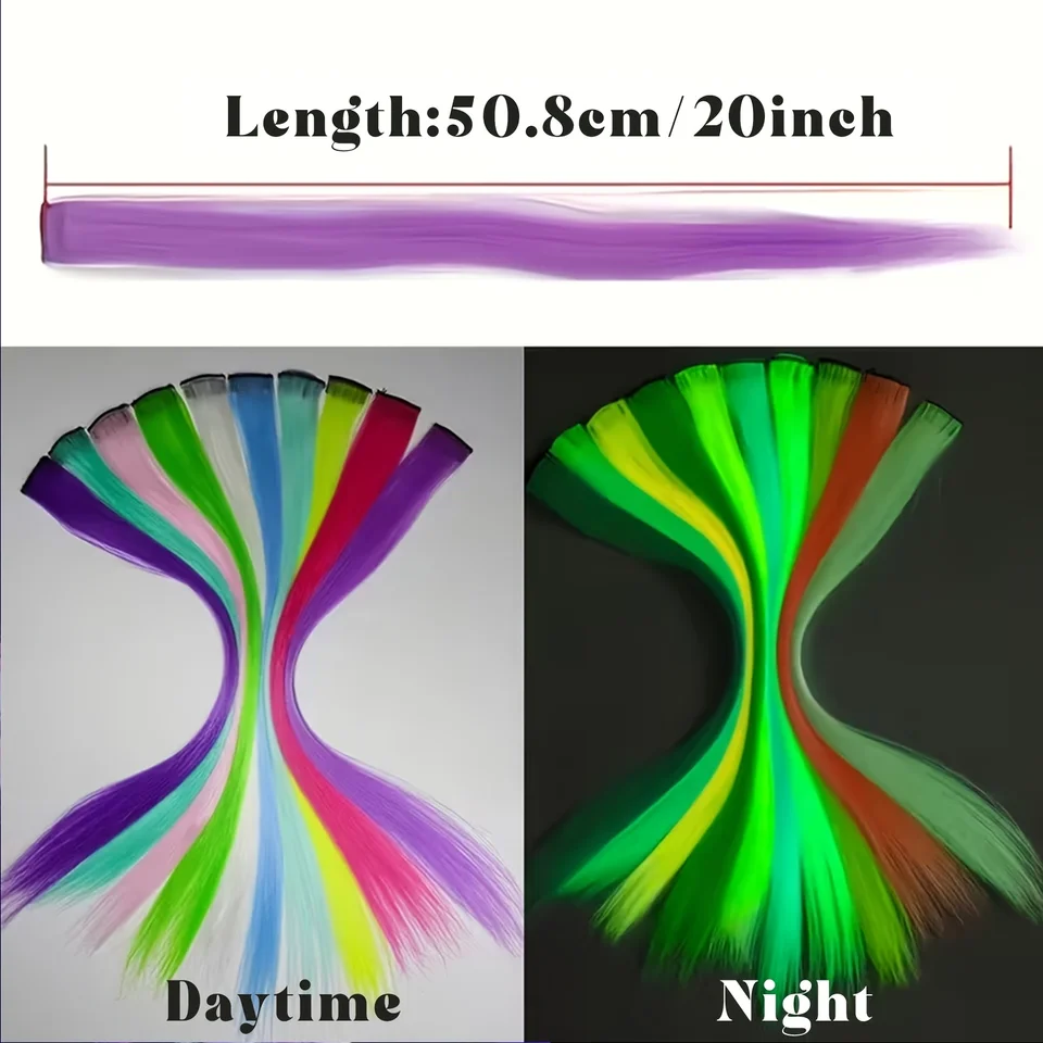 Extensiones de cabello sintético de 4 piezas con brillo fluorescente para mujer, con clip, suaves, fáciles de usar para fiestas 5