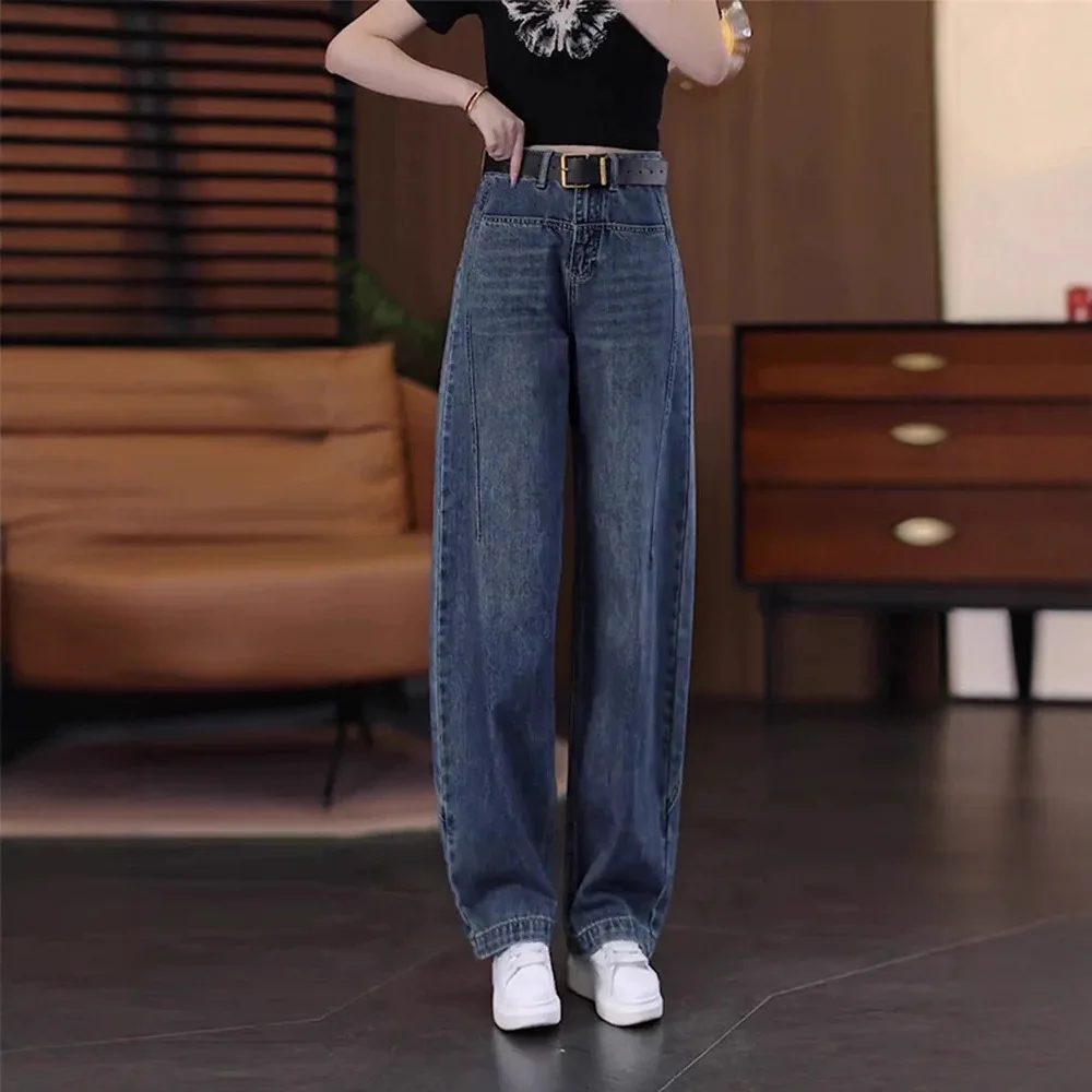 

2026 New Y2K High Waist Slim Fit Loose Straight Leg Jeans Women Vintage Washed Denim Streetwear Blue Pants