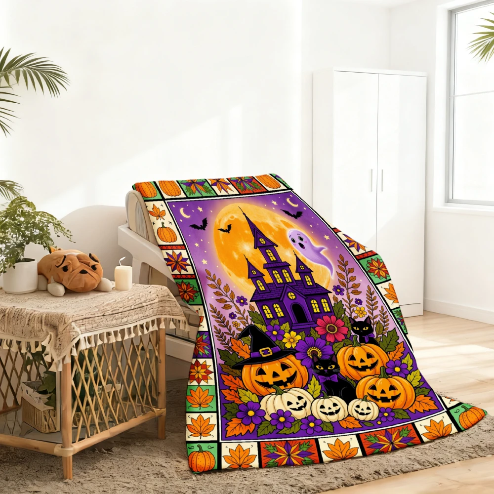 1pc Halloween Haunted House Pumpkin Ghost Print Flannel Blanket Soft Comfortable Warm Bed Cover Autumn Winter Season Home Sofa Bedroom Decor Halloween Thanksgiving Christmas Festival Gift