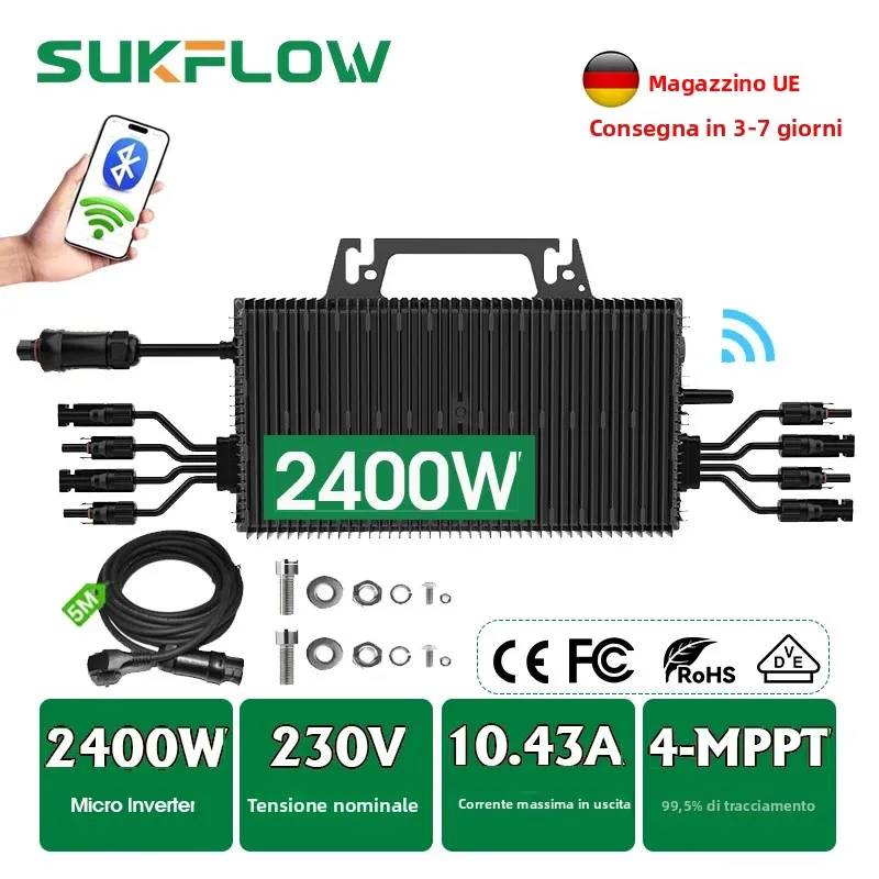 Microinverter Solare 800W/2400W, Ingresso PV 16V-60V, Impermeabile IP67 con Funzione WiFi, Microinverter a Onda Sinusoidale Pura, Design Plug and Play