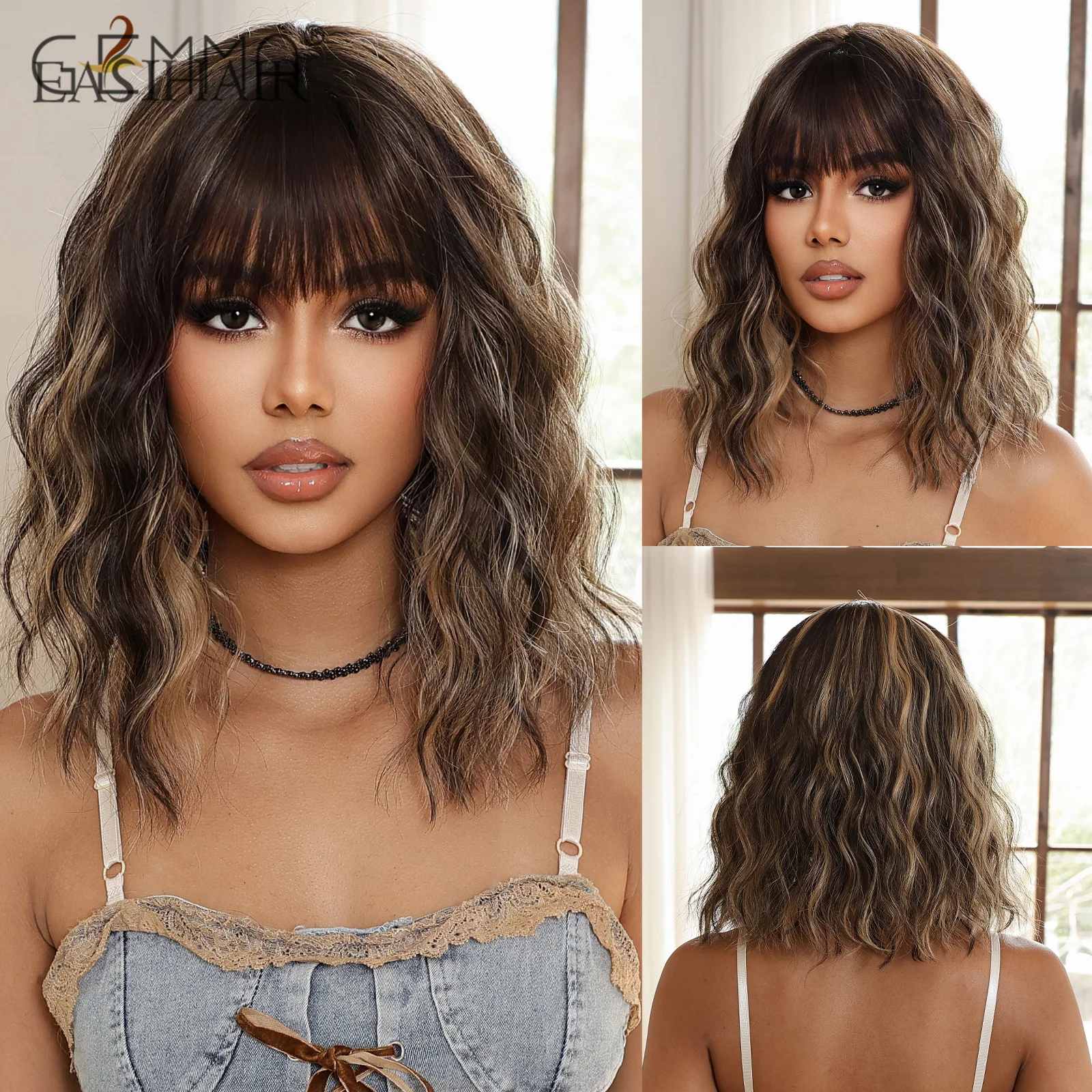 EASIHAIR Mixed Brown Blonde Short Curly Wig Synthetic Highlight Wigs with Bangs for Women Cosplay Daily Hair Heat Resistant