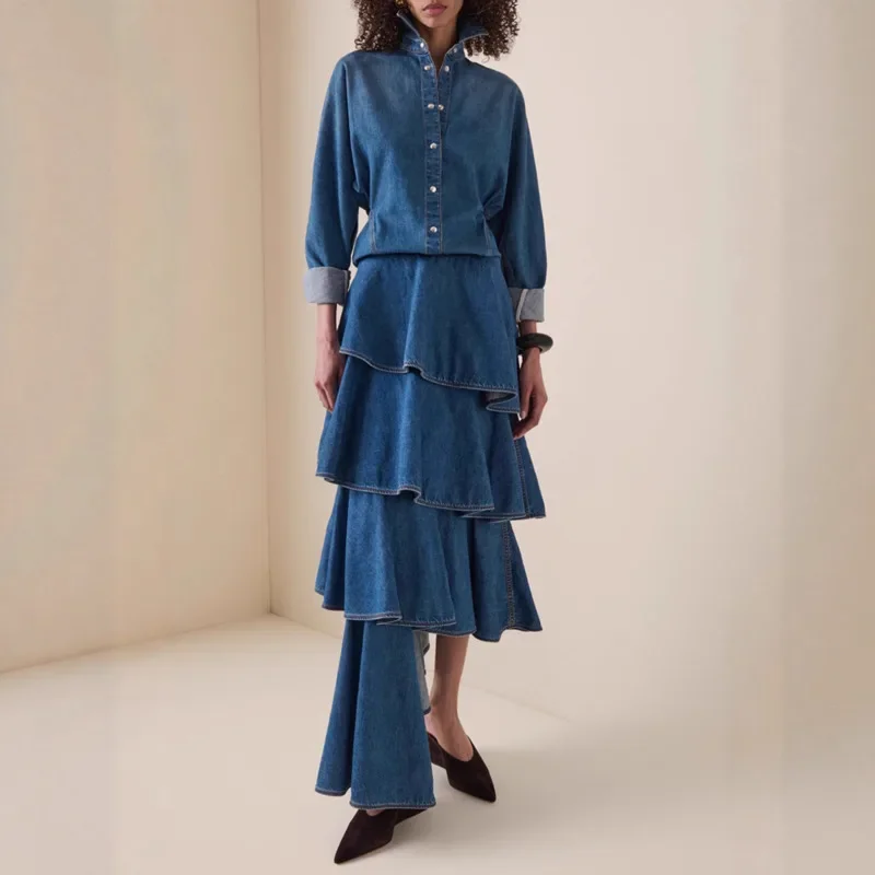 Spring Autumn New Women Denim Set Waist Cinching Long Sleeve Shirt Asymmetrical Layered Ruffled Skirt Elegant Retro HK17469
